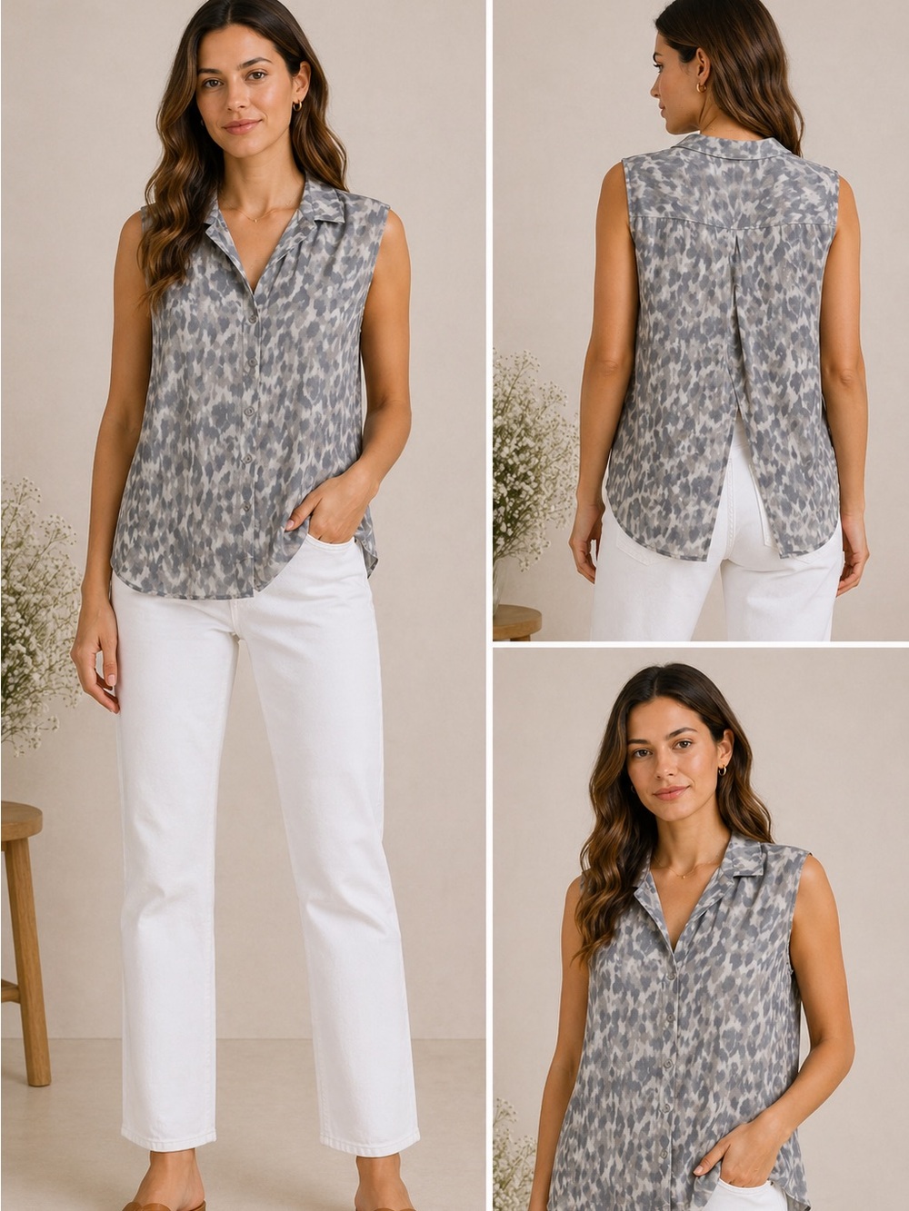 Cloth & Stone Leopard Print Split Back Sleeveless Top Size S